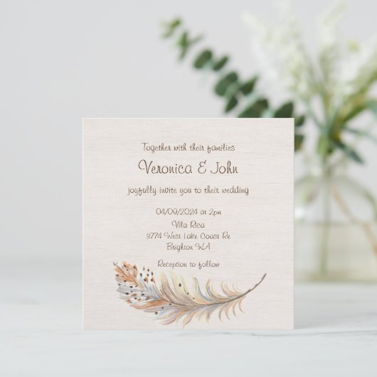 Boho plume faire-part de mariage rustique (Debout devant)