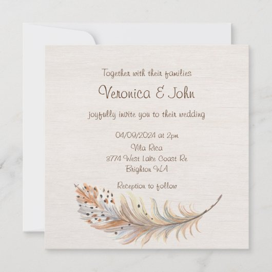 Boho plume faire-part de mariage rustique (Devant)