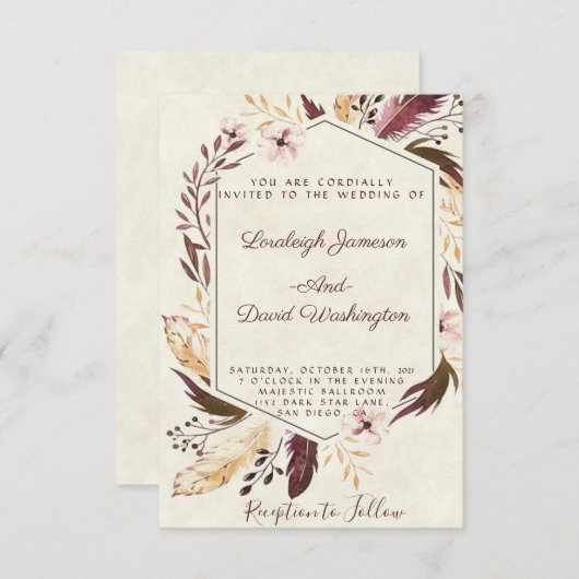 Boho plumes faire-part de mariage (Devant / Derrière)