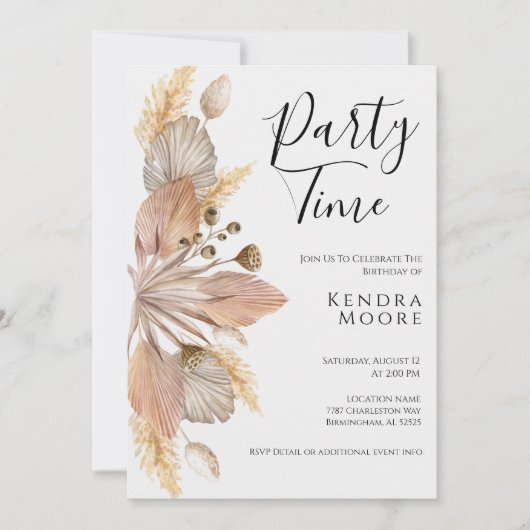 Boho Pompas Grass Invitation Anniversaire Pour N'I (Devant)