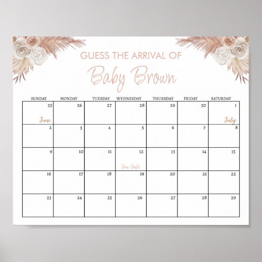 Boho Pompoen Baby shower Guess Due Date Calendar Poster (Voorkant)
