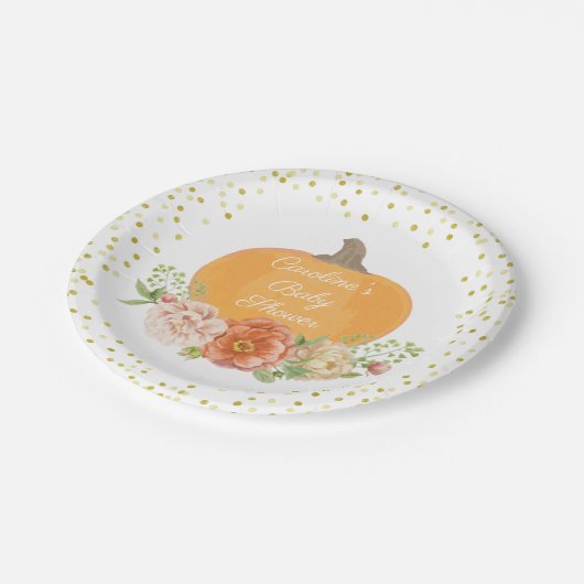 Boho Pompoen Herfst Baby shower Waterverf Bloemen Papieren Bordje (Gekanteld)