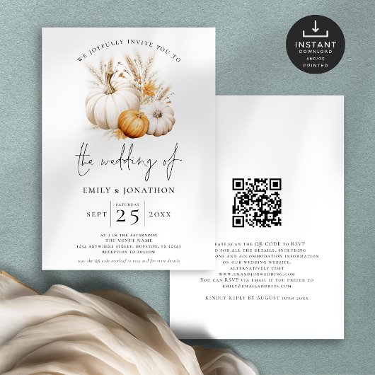 Boho pompoenen pampas QR code herfst bruiloft Kaart
