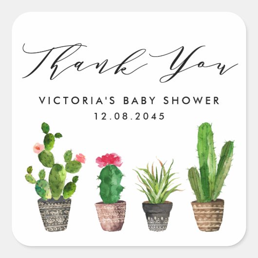 Boho Potted Cactus Baby shower Dank u Vierkante Sticker (Voorkant)