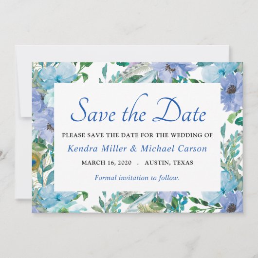 Boho Prachtige sapphire Blue Floral slaat de datum Save The Date (Voorkant)