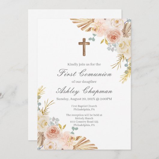 Boho première communion invitation en espagnol (Devant / Derrière)