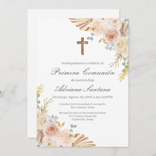 Boho première communion invitation en espagnol (Devant / Derrière)