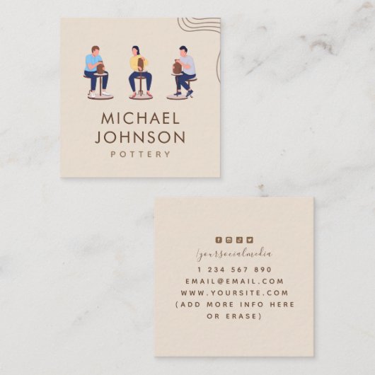 Boho Private Pottery Ceramic Classes Cream Pastel Vierkante Visitekaartje (Voorkant / Achterkant)