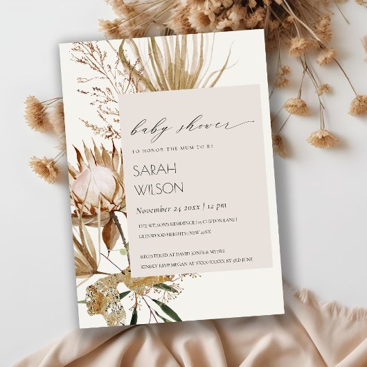 Boho Protea Dried Palm Floral Baby shower Invite Bedankkaart