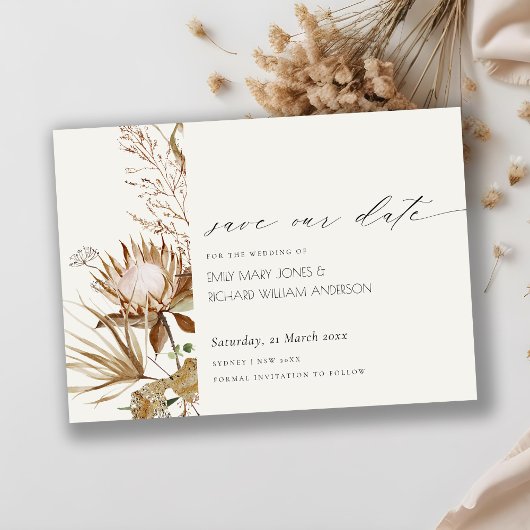 Boho Protea Dried Palm Floral Save the Date Kaart
