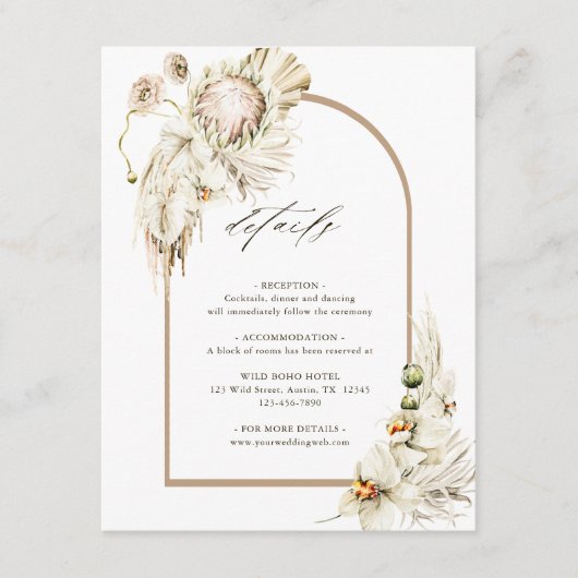Boho Protea Pampas Gras Boog Bruiloft Details Informatiekaartje (Voorkant)