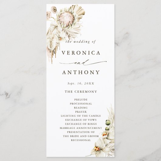 Boho Protea Pampas Grass Floral Wedding Ceremony Programma (Voorkant)