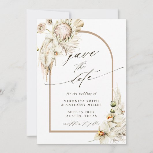 Boho Protea Pampas Grass Floral Wedding Photo Save The Date (Voorkant)