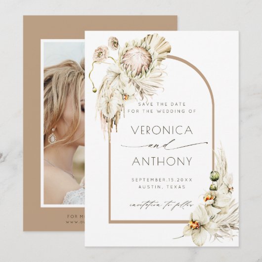 Boho Protea Pampas Grass Floral Wedding Photo Save The Date (Voorkant / Achterkant)