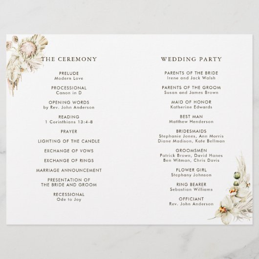 Boho Protea Pampas Grass Floral Wedding Programme (Dos)
