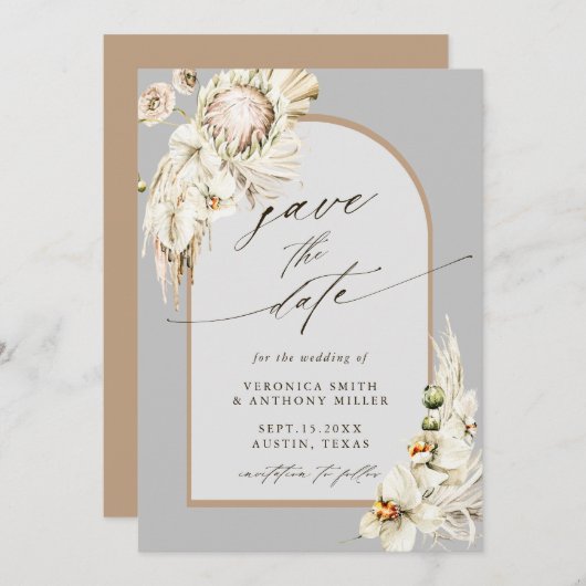 Boho Protea Pampas Grass Gray Wedding Foto Save The Date (Voorkant / Achterkant)
