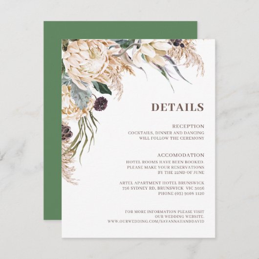 Boho Protea Pampas Grass Mariage Détails Carte (Devant / Derrière)