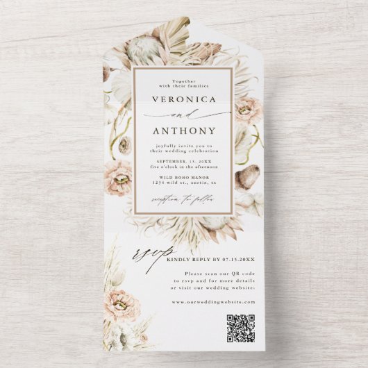 Boho Protea Pampas Grass Wedding QR Code All In One Uitnodiging (Binnen)