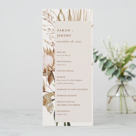 Boho Protea séché Palm Floral Wedding Programme (Debout devant)