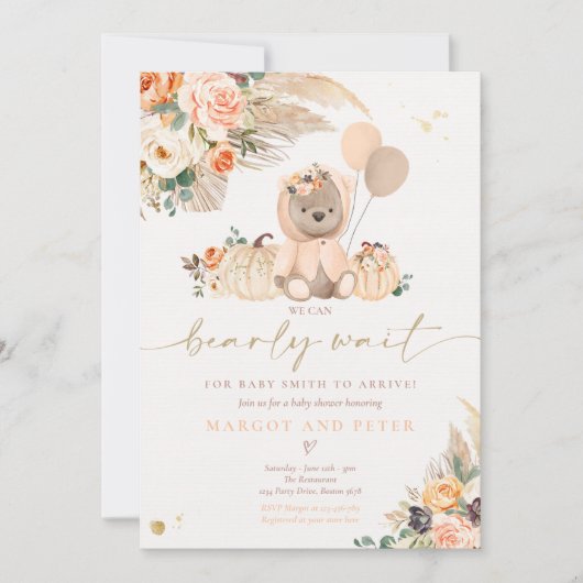 Boho Pumpkin Teddy Bear Peach Girl Baby shower Kaart (Voorkant)