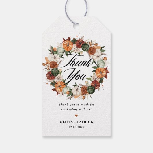 Boho Pumpkins Krans Herfst Huwelijk Bedankt Cadeaulabel (Achterkant)