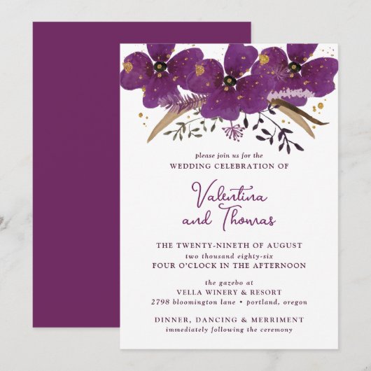 Boho Purple Aquarelle Fleurs Faire-part de mariage (Devant / Derrière)