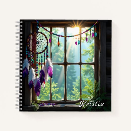 Boho Purple Dreamcatcher in Window Personalized Notitieboek (Voorkant)