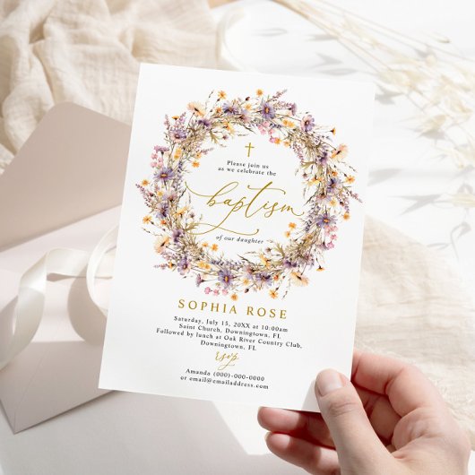 Boho Purple Fleur sauvage Baptême Invitation