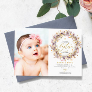 Boho Purple Fleur sauvage Photo Baptême Invitation