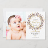 Boho Purple Fleur sauvage Photo Baptême Invitation (Devant)