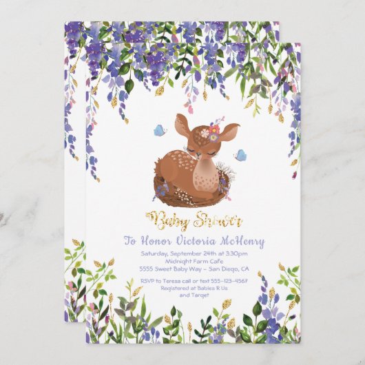Boho Purple Floral Baby Deer Shower Invitation (Devant / Derrière)