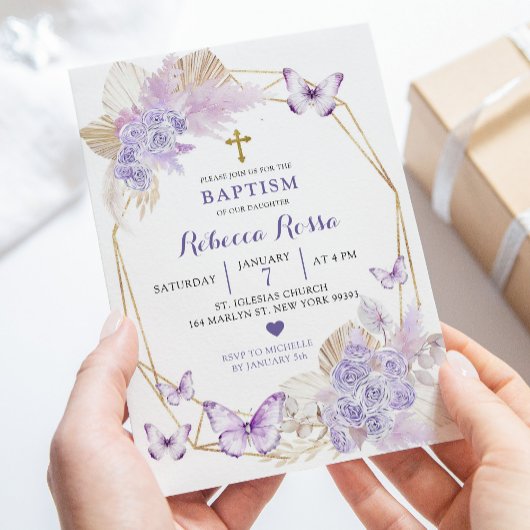 Boho Purple Floral Butterfly Baptism Invitation