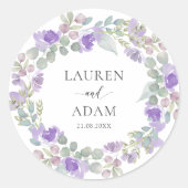Boho Purple Floral Couples Names Wedding Ronde Sticker (Voorkant)
