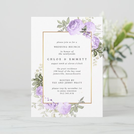 Boho Purple Rose Floral Mariage Brunch Invitation (Debout devant)