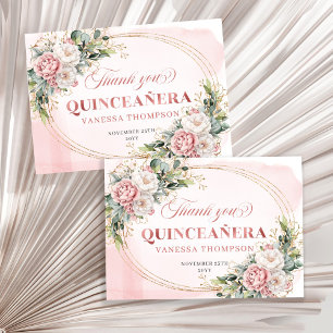Boho Quinceañera Dank U Kaart Roze Gouden Bloemen