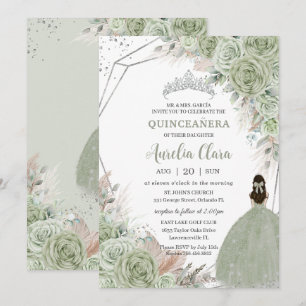Boho Quinceañera Sage Groen Bloemen Pampas Grass Kaart