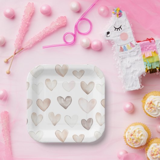 Boho Quirky Cream Beige Hearts Pattern Papieren Bordje (Feest)