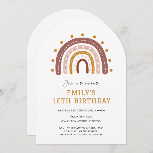 Boho Rainbow 10th birthday invitation (Devant / Derrière)