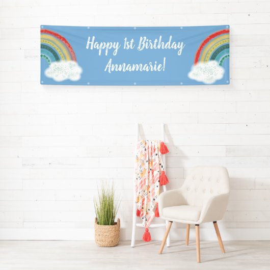 Boho Rainbow 1st Birthday Party Blue Boy Kinder Spandoek (Insitu)