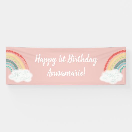 Boho Rainbow 1st Birthday Party Pink Girl Spandoek (Horizontaal)