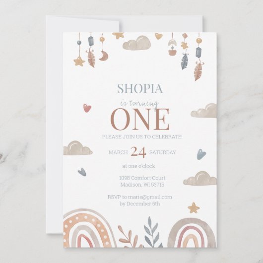 Boho Rainbow 1st Birthday Uitnodiging (Voorkant)