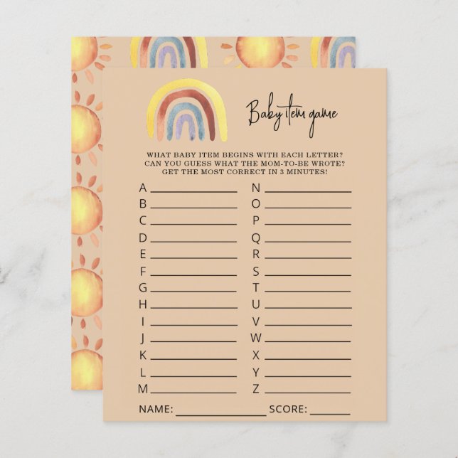 Boho Rainbow Baby Item Game. Baby shower game (Voorkant / Achterkant)