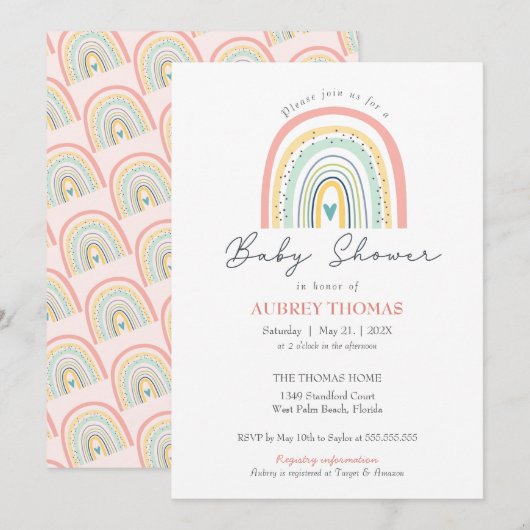 Boho Rainbow Baby shower Hand Drawn Heart Kaart (Voorkant / Achterkant)