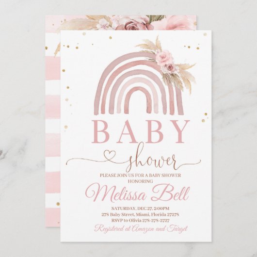 Boho Rainbow Baby shower Invitation Pampas (Devant / Derrière)