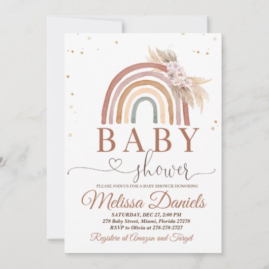 Boho Rainbow Baby shower Invitation Pink Pampas Kaart (Voorkant)