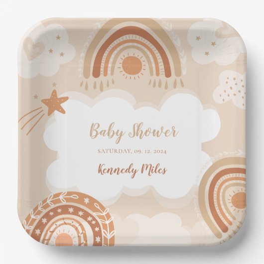 Boho Rainbow Baby shower Papieren Bordje (Voorkant)