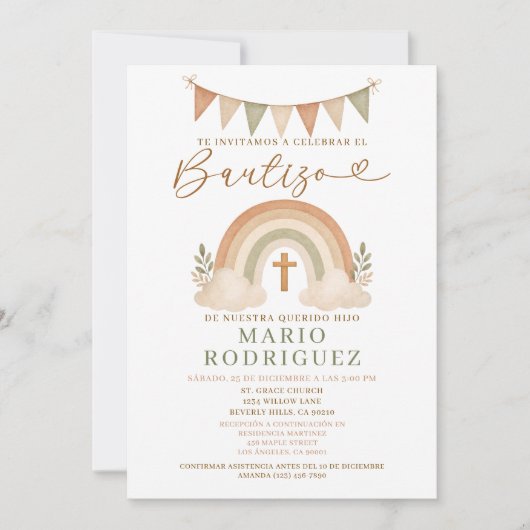 Boho Rainbow Bautizo Invitation Spanish (Devant)