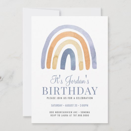 Boho Rainbow Blue Invitation de fête d'anniversair (Devant)