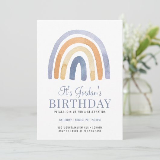 Boho Rainbow Blue Invitation de fête d'anniversair (Debout devant)