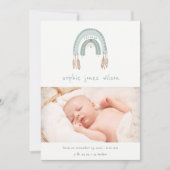 Boho Rainbow Blue Script Foto geboorteaankondiging Bedankkaart (Voorkant)